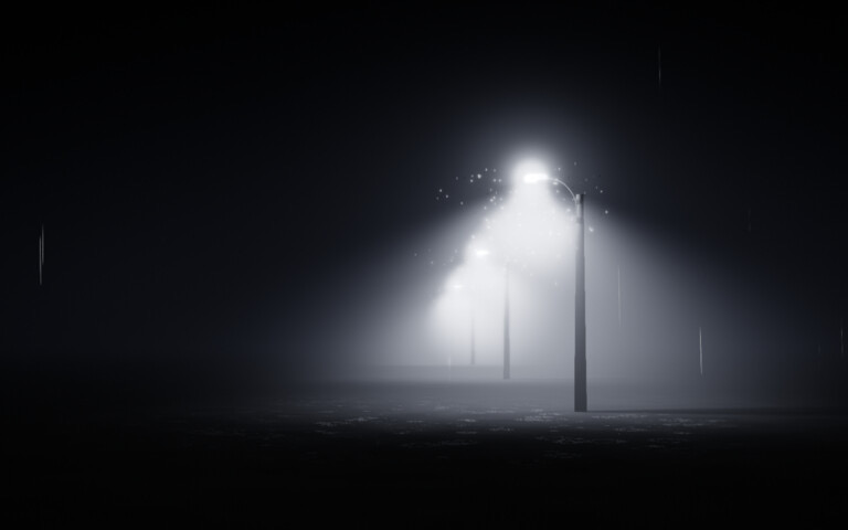 Lamplight. Two lights, and the fog between.